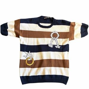 Vintage Country Suburbans Striped Nautical Short Sleeve Sweater Embroidered L